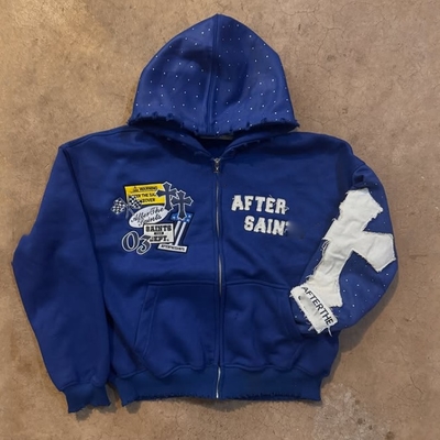 Custom Outono Inverno Distressed bordado Rhinestone Pesado 500 Gsm Francês Terry Boxy Oversized Zip Up Hoodie