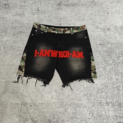 Logotipos de Bordado Personalizado em Toalhas, Patches, Camuflagem, Calças Largas, Jeans Curtos Streetwear, Alta Qualidade, Barra Desfiada, Jeans Vintage para Homens
