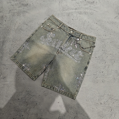 Calções masculinos de ganga streetwear pesados oversized baggy com cristais brilhantes lavados à pedra, 100% algodão, estilo vintage