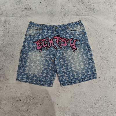 Calções de ganga jacquard de luxo personalizados de alta qualidade, vintage, lavados, joelhos duplos, algodão pesado, folgados, para homem
