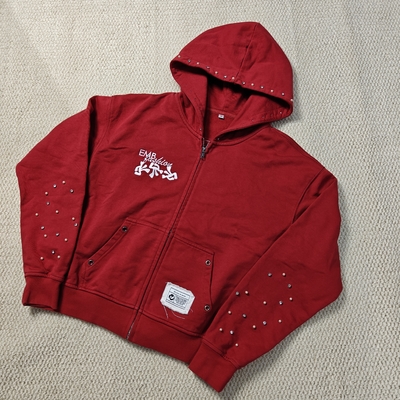 Moletom vermelho lavado personalizado com bordado desgastado, algodão felpudo francês, pérolas de pedras preciosas, capuzes oversized com zíper e corte quadrado para homens