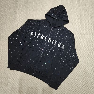 Hoodies masculinos com zíper, bordado desgastado, aplique e strass, em moletom francês 100% algodão pesado personalizado