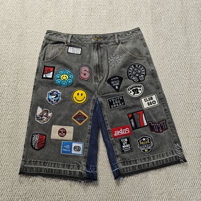 Remendos de Bordado Personalizados Logotipo Calções Jeans Folgados Streetwear Alta Qualidade Barra Crua Vintage Denim Shorts Jeans para Homens