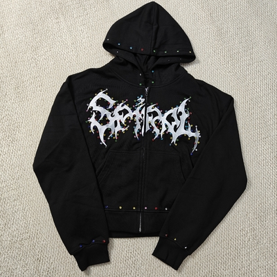 Custom Distressed Embroidery Boxy Cropped Zipper Streetwear 400 gsm 600gsm Men Zip up Heavyweight Rhinestone Hoodie